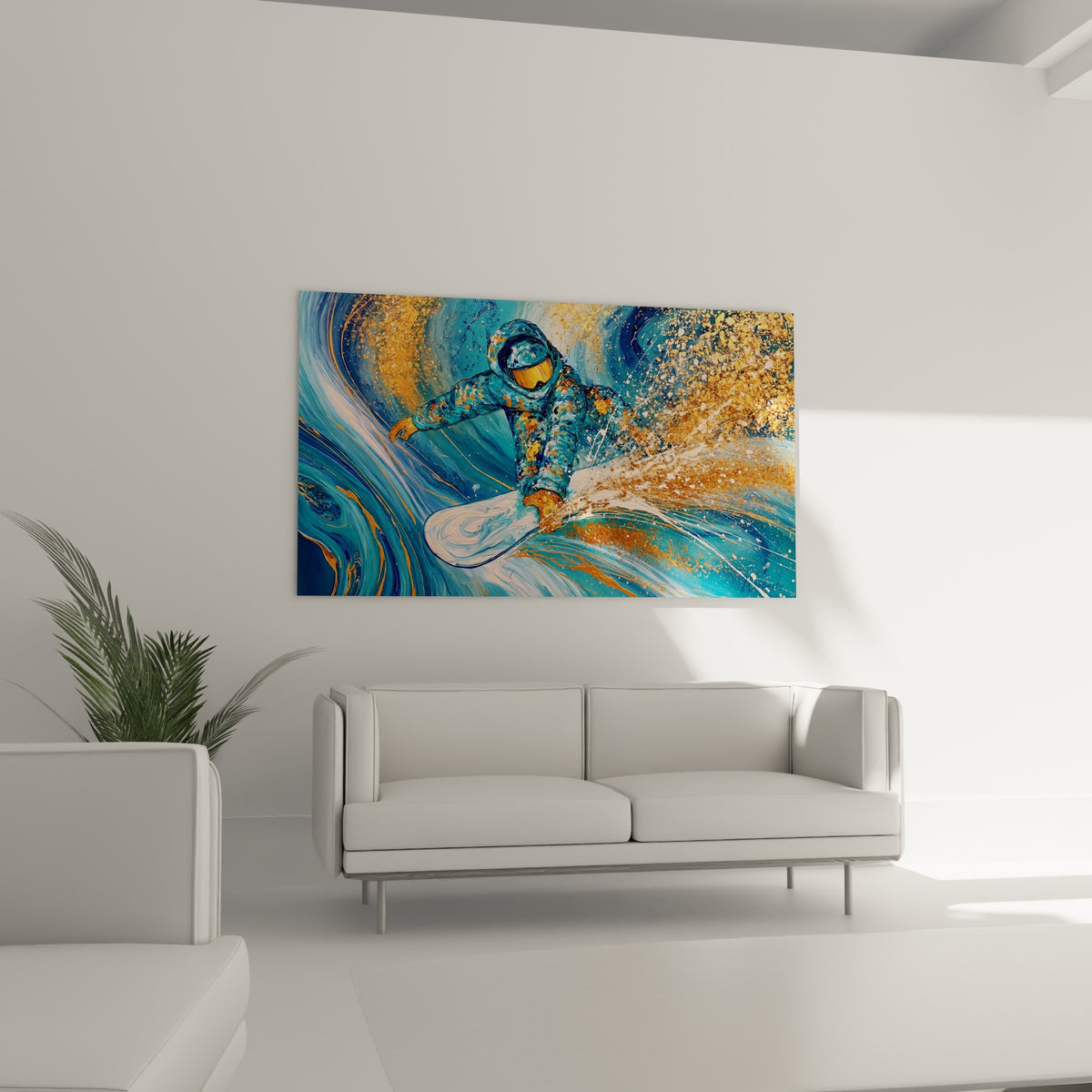 Silhouette casquée bleu turquoise projetant une neige dorée, suspendue au-dessus d'un canapé dans un salon lumineux