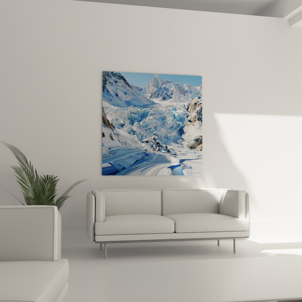 Descente sur glace bleutée et blanche entre sommets ocre, au-dessus d'un canapé dans un salon lumineux