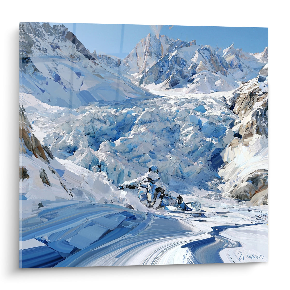 Snowboardeur en descente sur glacier bleu marine et blanc, virage marqué dans la neige