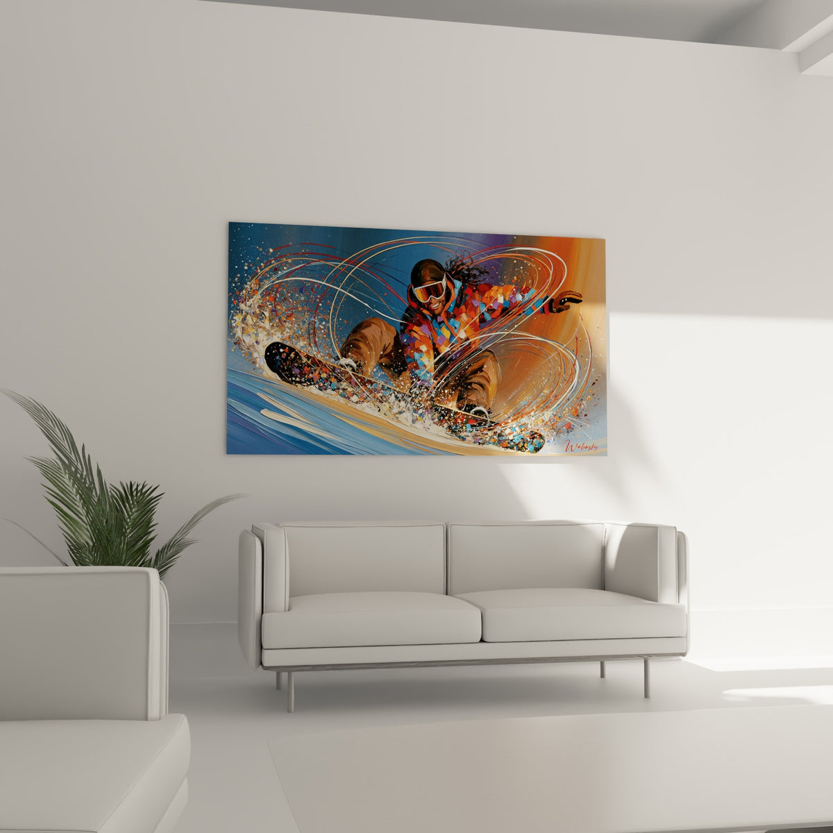 Silhouette du snowboardeur orange et anthracite en pleine glisse, au-dessus d'un canapé dans un salon lumineux