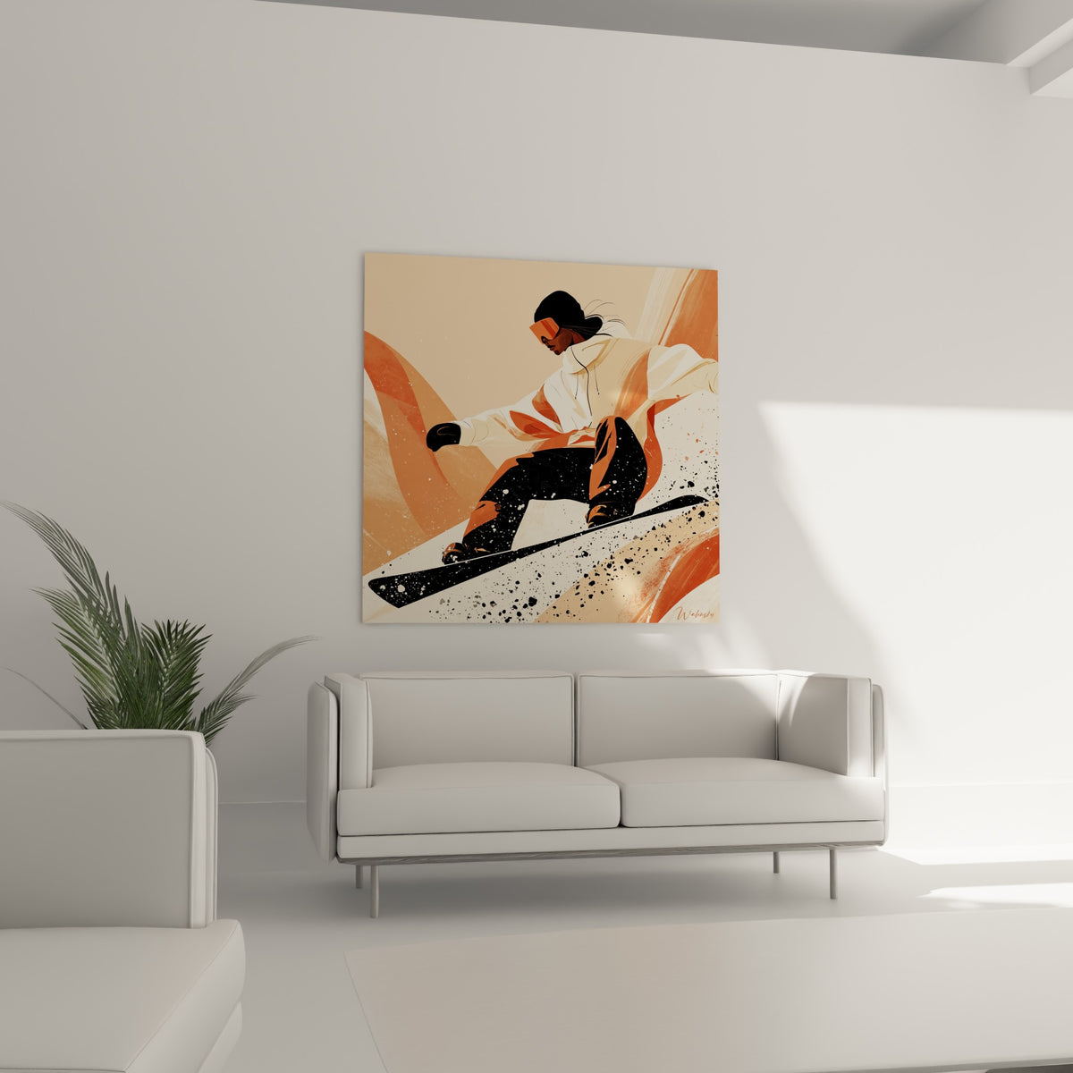 Glisseuse en action, masque orangé et manteau blanc cassé, au-dessus d'un canapé dans un salon lumineux