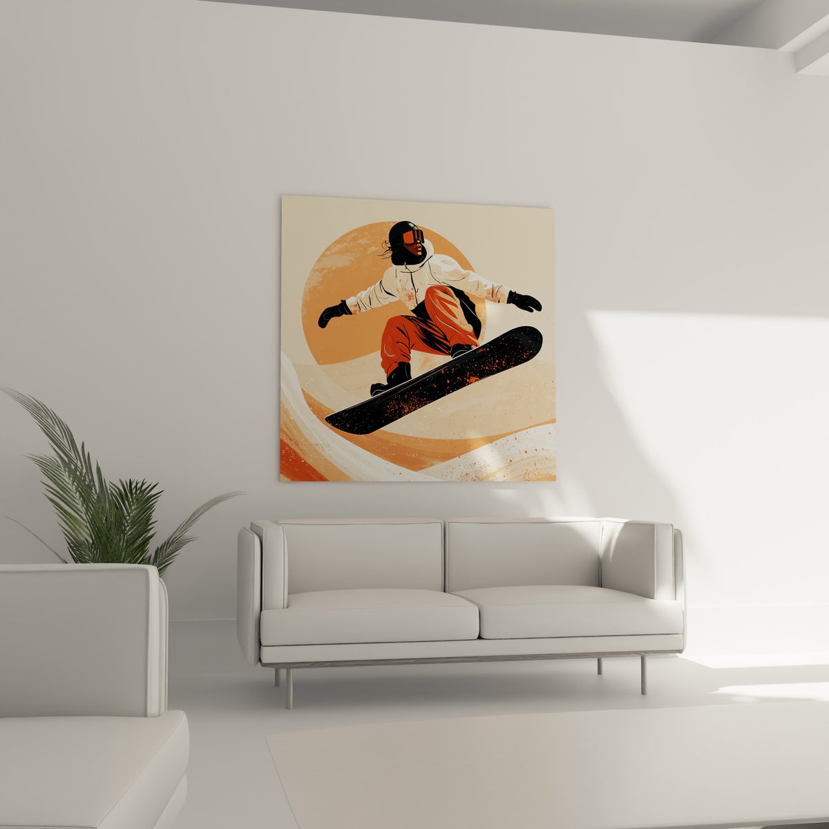 Silhouette en pleine glisse, planche noire et fond terracotta, positionnée au-dessus d'un canapé dans un salon lumineux