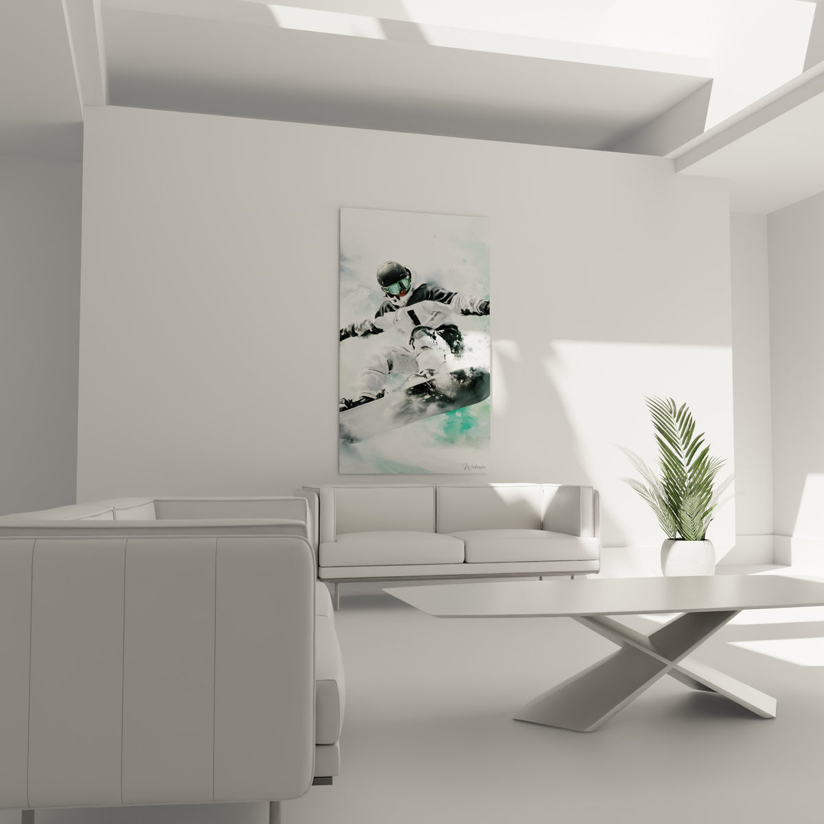 Snowboard incliné dans une gerbe de neige blanche et turquoise, au-dessus d'un canapé dans un salon lumineux