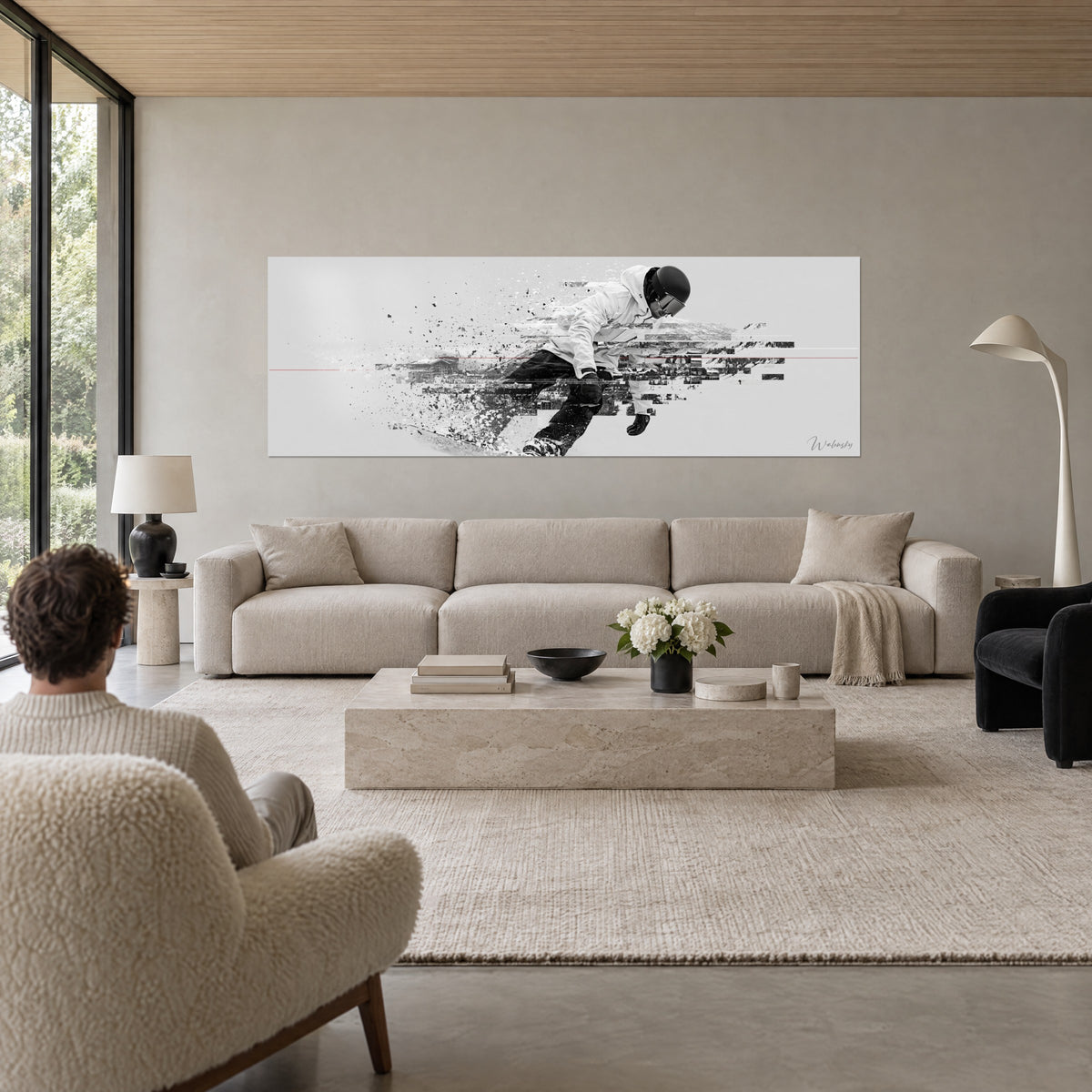Rider casqué dispersé en fragments gris et noirs, tableau snowboard au-dessus d'un lit dans une chambre claire