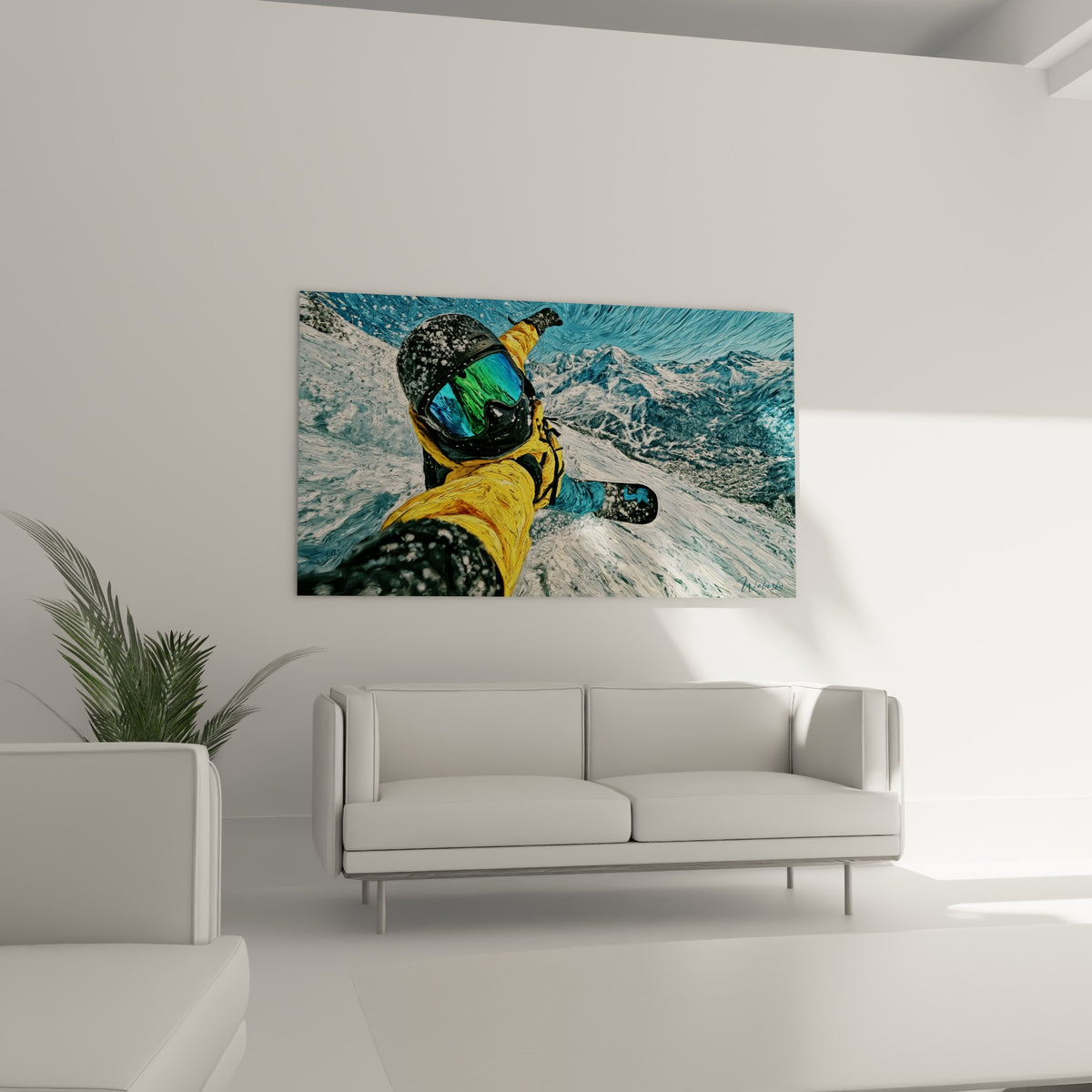 Combinaison jaune vif et lunettes réfléchissantes d'un snowboardeur, au-dessus d'un canapé dans un salon lumineux