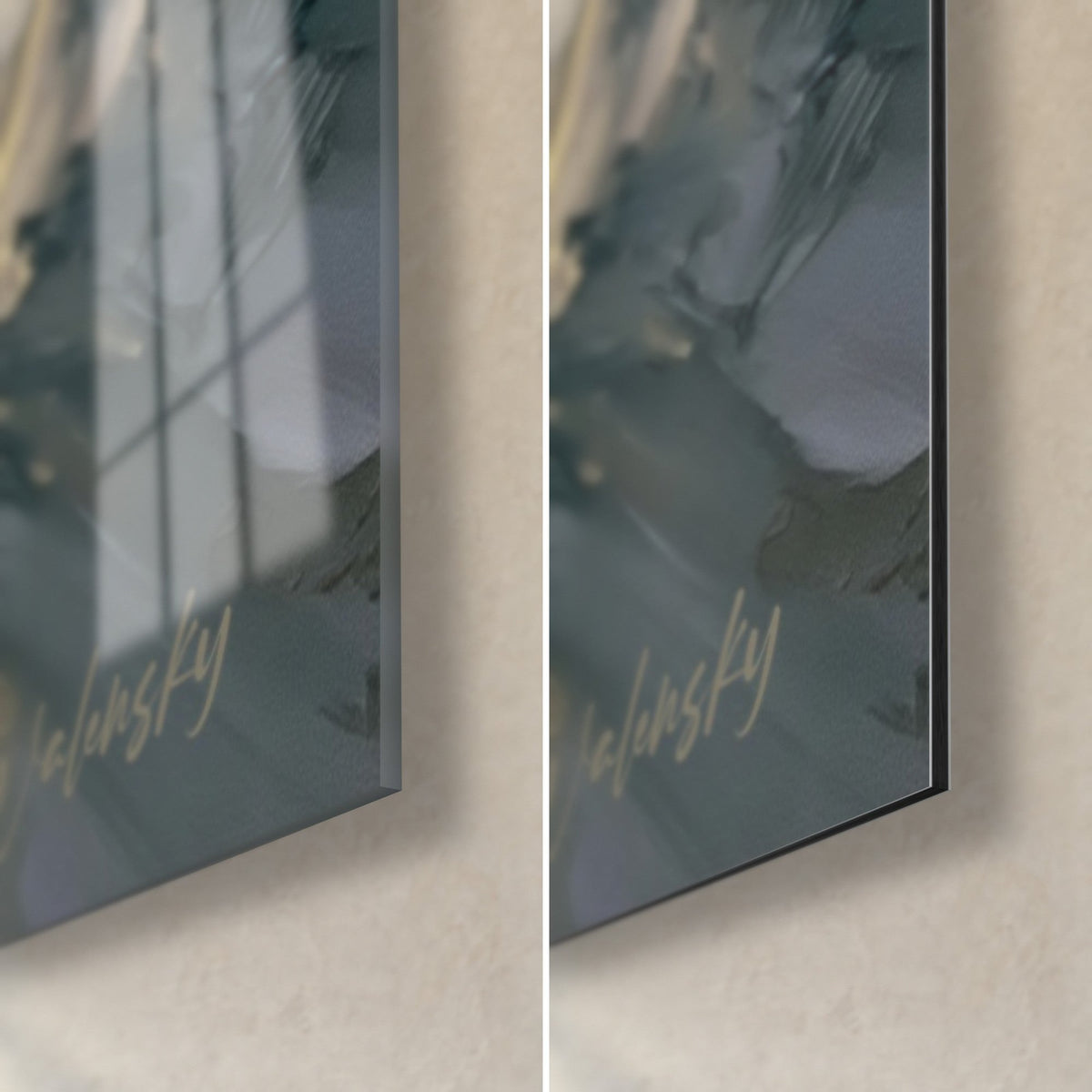 Tableau snowboardeur doré, coin bas droit : verre acrylique brillant à gauche, alu Dibond mat à droite, tranche de 3 mm visible