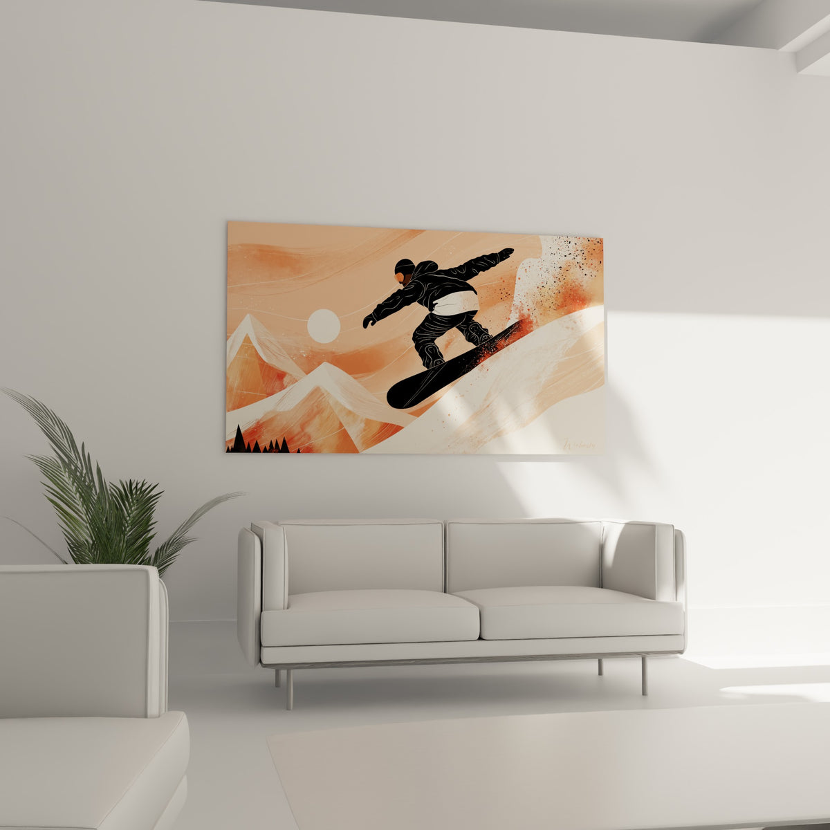 Sauteur en snowboard noir dominant des montagnes terracotta, au-dessus d'un canapé dans un salon lumineux