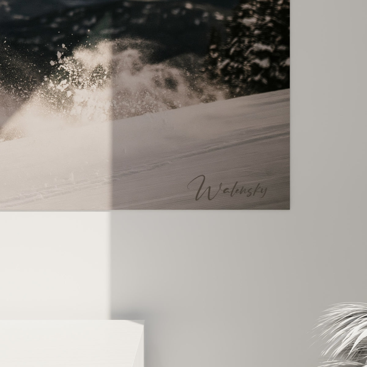 Détail rapproché de la neige poudreuse blanche et grise s'envolant sous la planche du snowboardeur accroché