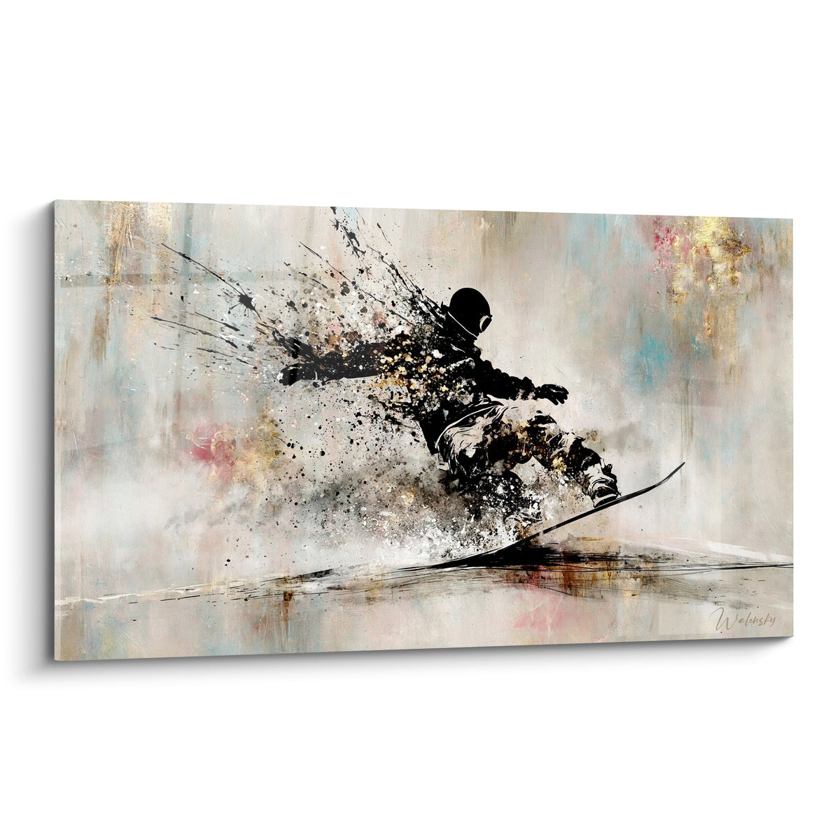 Snowboardeur noir en plein virage, éclaboussures dorées et fond beige, style pictural expressif