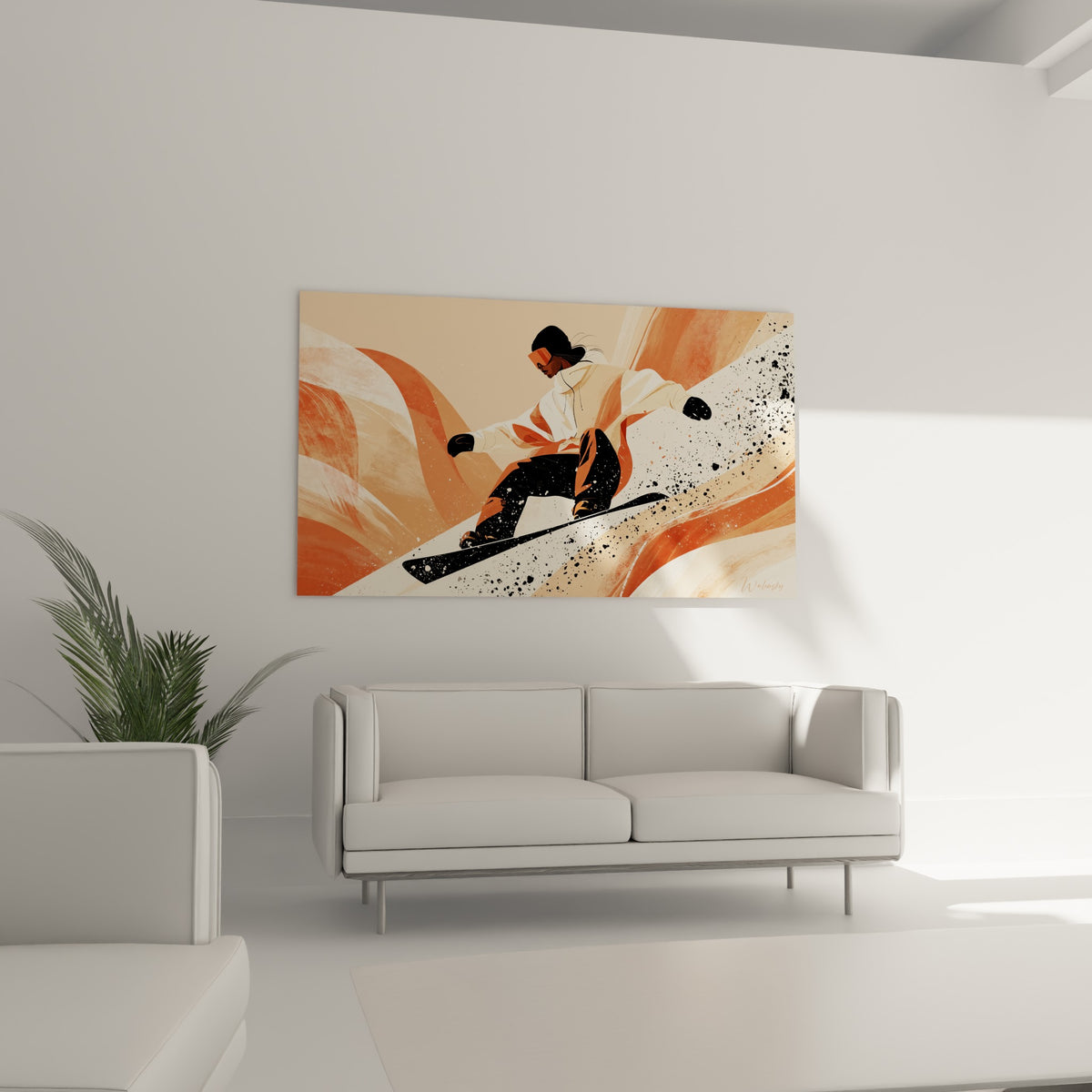 Sportif sur planche noire éclaboussée de neige, couleurs ocre et beige, au-dessus d'un canapé dans un salon lumineux