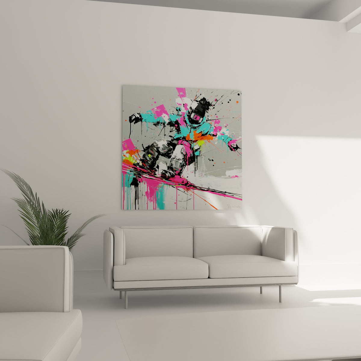 Silhouette de snowboardeur casqué en action, teintes orange et noir, au-dessus d'un canapé dans un salon lumineux