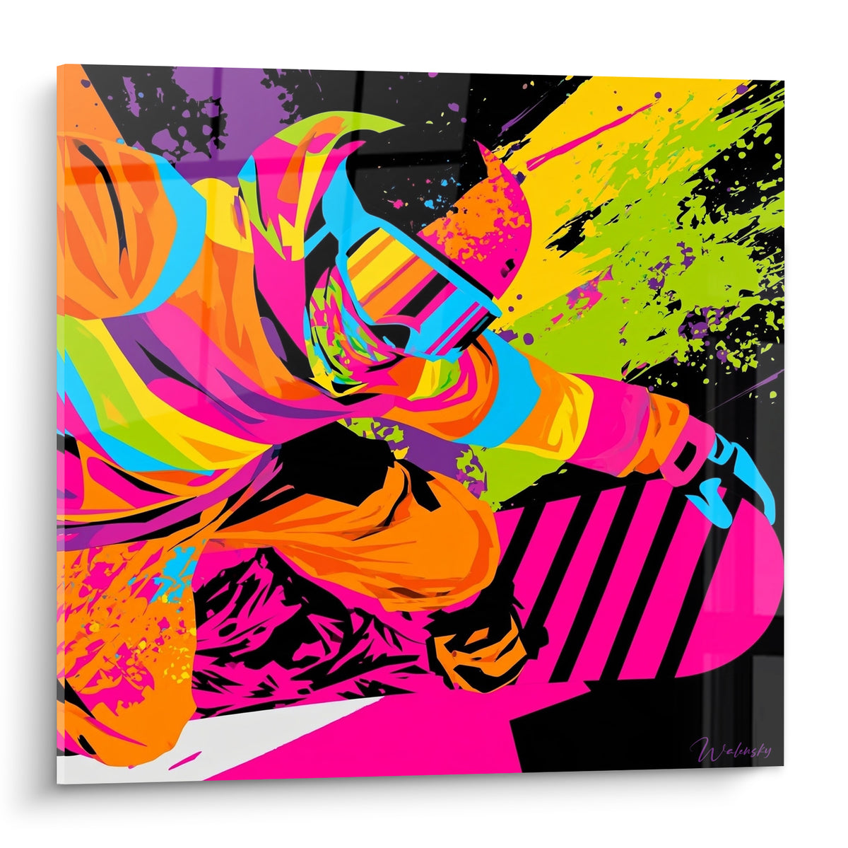 Snowboardeur en combinaison orange et planche rose fuchsia, style pop art, fond noir éclaboussé