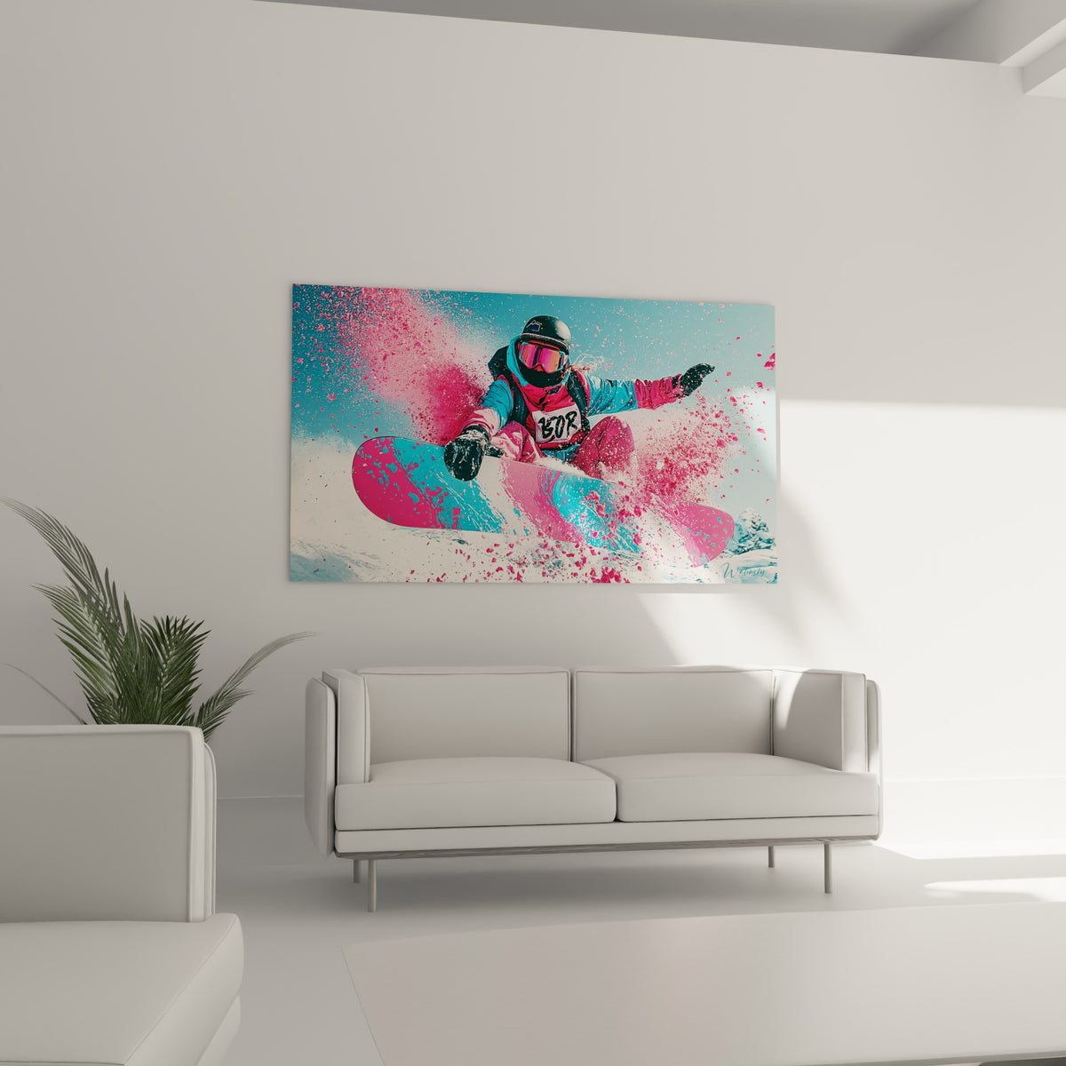Planche bicolore rose et turquoise soulevant une gerbe de neige colorée, au-dessus d'un canapé dans un salon lumineux