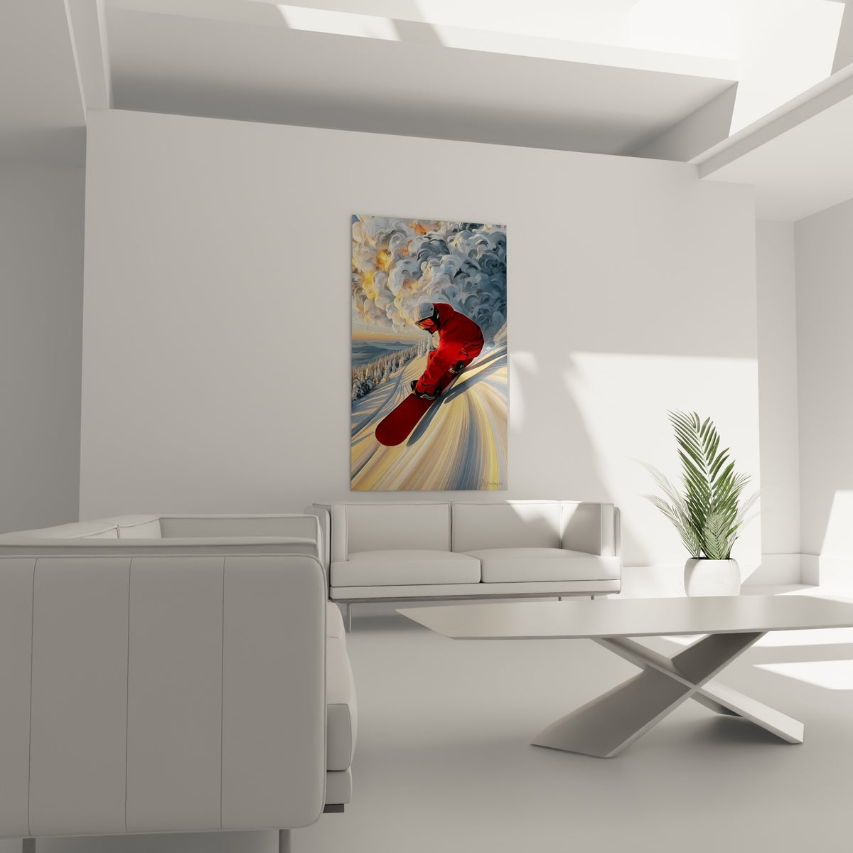 Silhouette écarlate filant sur la neige blanche et crème, accrochée au-dessus d'un canapé dans un salon lumineux