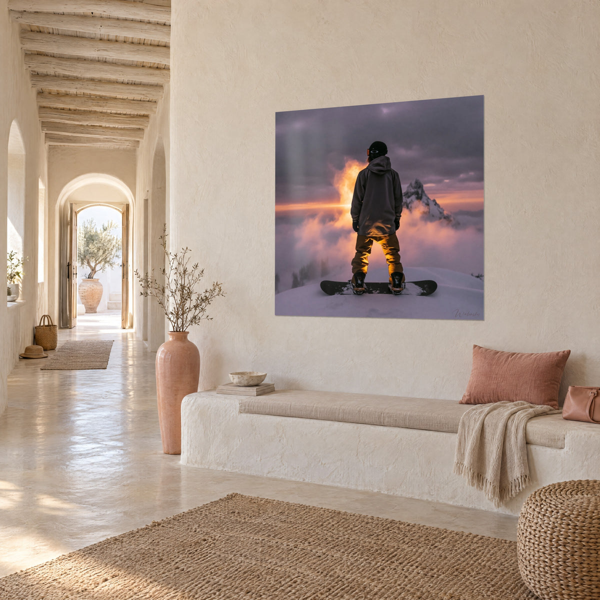 Rider en noir et or planté sur sa planche devant un ciel incandescent, au-dessus d'un canapé dans un salon lumineux