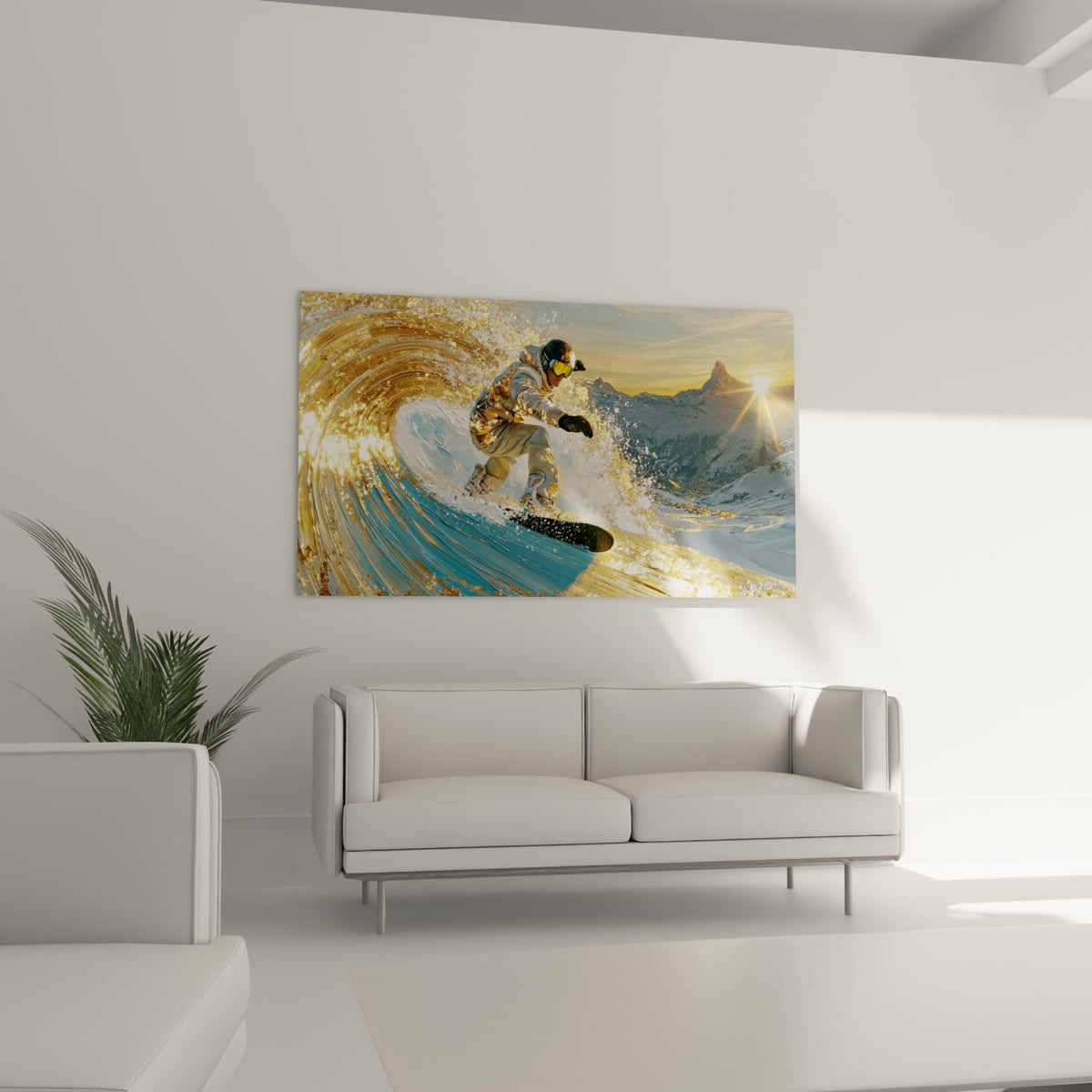 Silhouette en combinaison blanche glissant sur planche noire, disposé au-dessus d'un canapé dans un salon lumineux