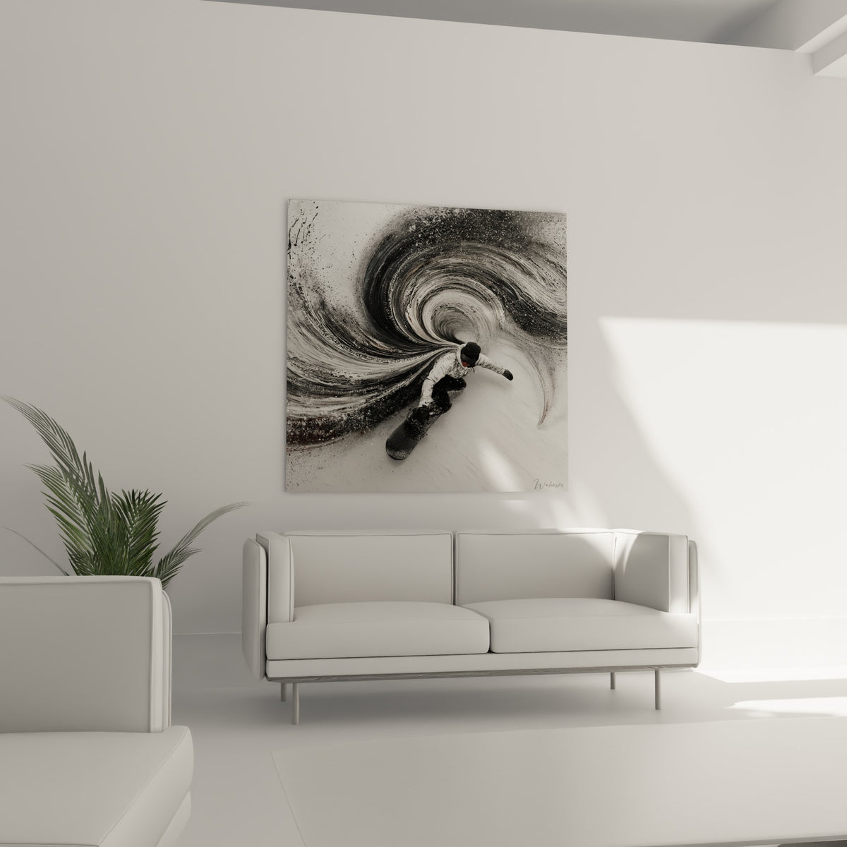 Planche noire fendant la neige sous une vague grise et blanche, au-dessus d'un canapé dans un salon lumineux