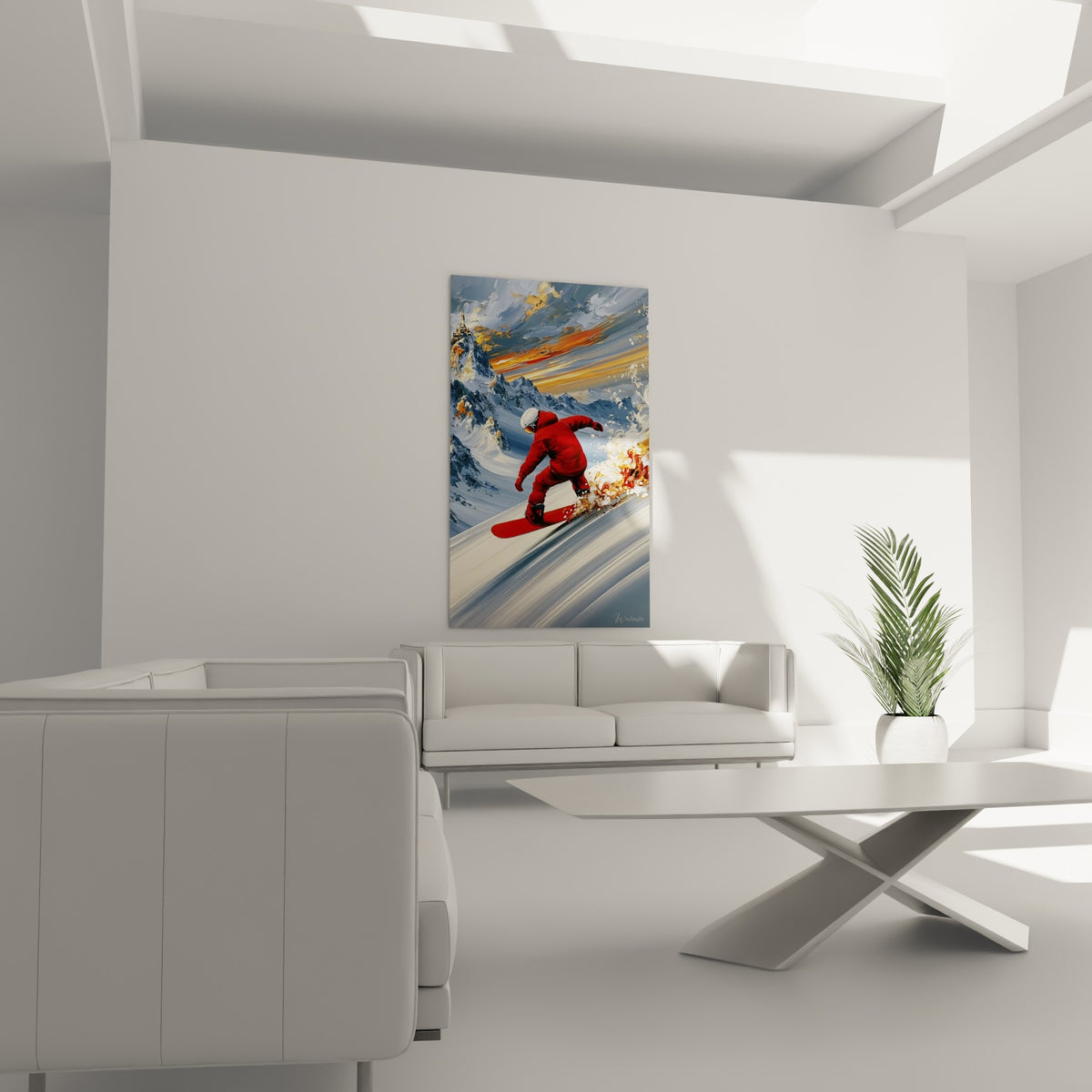 Sportif en rouge fend la neige blanche sous un ciel doré, œuvre suspendue au-dessus d'un canapé dans un salon lumineux