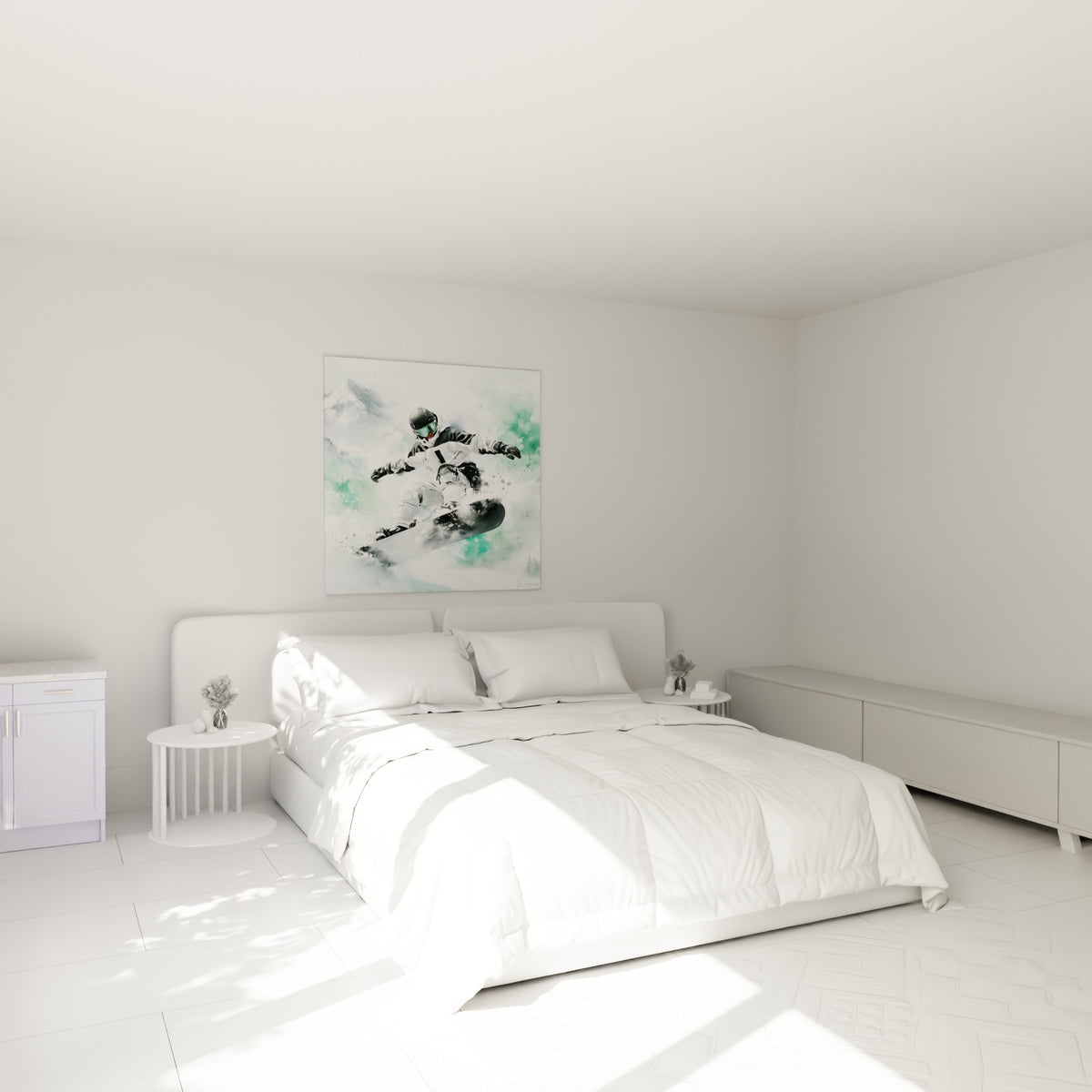 Rider en tenue blanche bondissant au-dessus de neige projetée, accroché au-dessus d'un lit dans une chambre claire