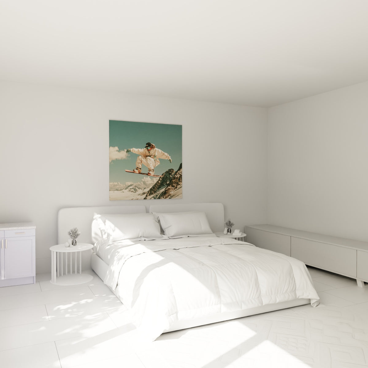 Rider en tenue beige et rose exécutant un saut, au-dessus d'un lit dans une chambre claire