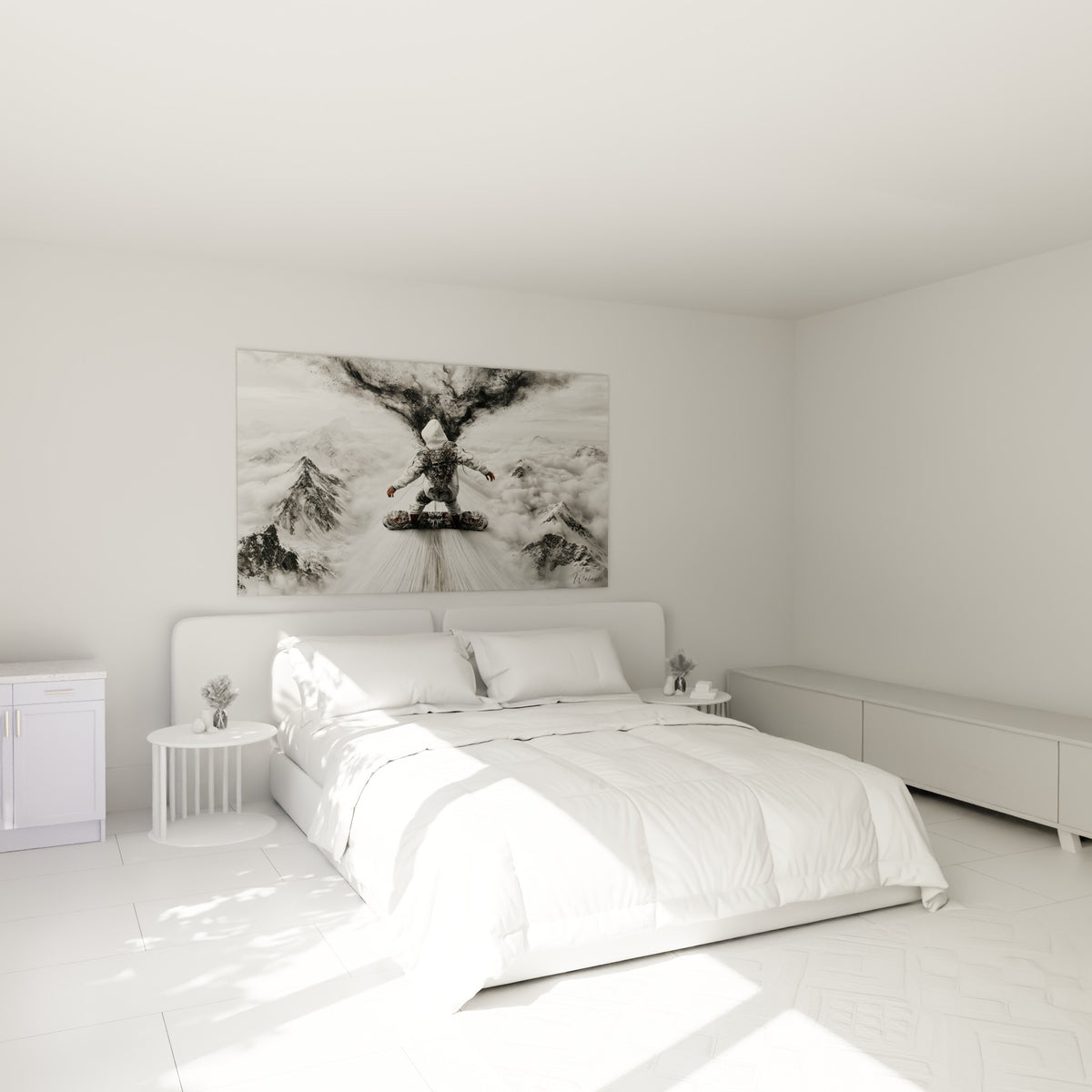 Rider vêtu de blanc, motifs anthracite sur le dos, au-dessus d'un lit dans une chambre claire