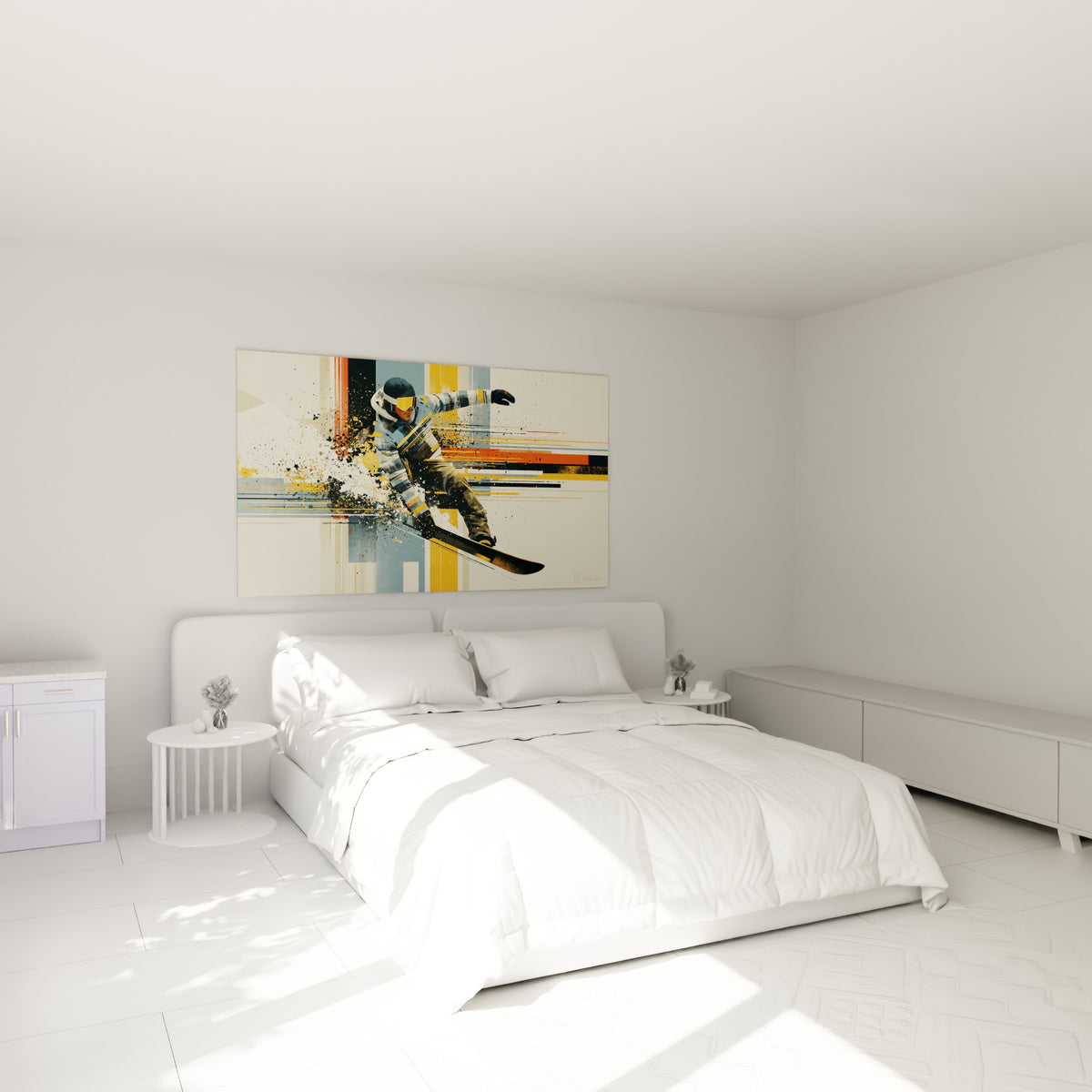 Rider figé en plein saut, tons bleu gris et rouille, au-dessus d'un lit dans une chambre claire