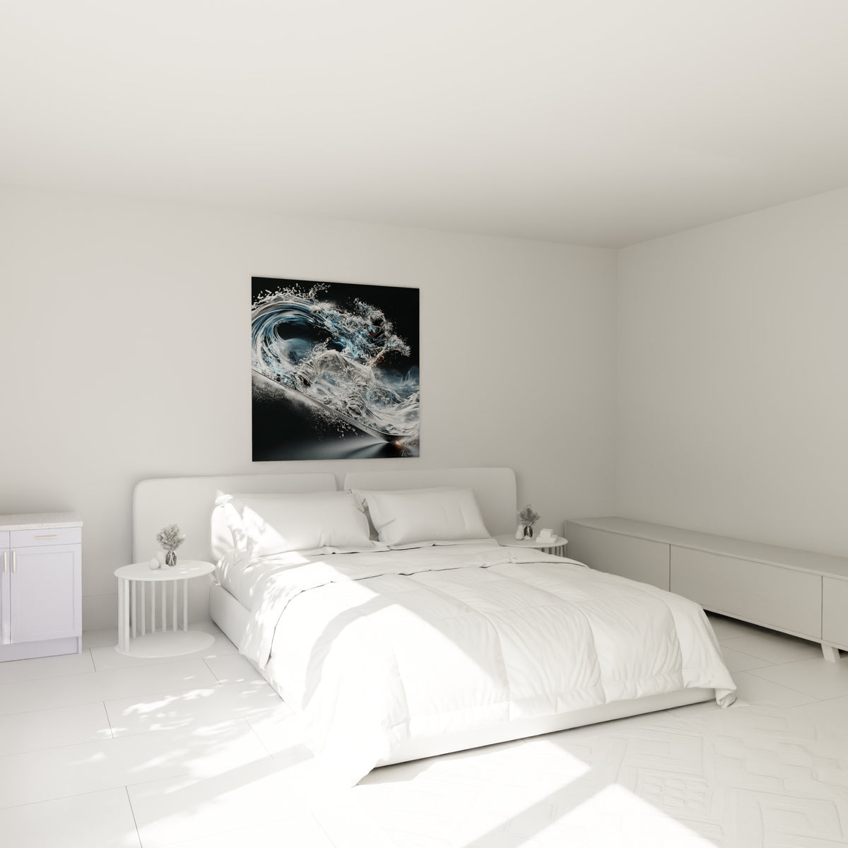 Rider en mouvement liquide bleu glacier et blanc argenté au-dessus d'un lit dans une chambre claire
