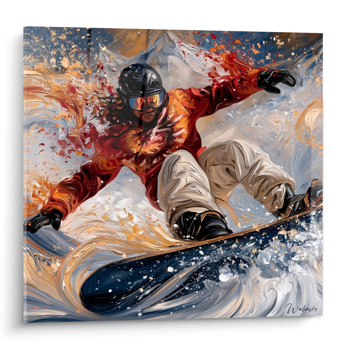 Snowboardeur en combinaison rouge et orange dévalant la pente sur planche bleu marine
