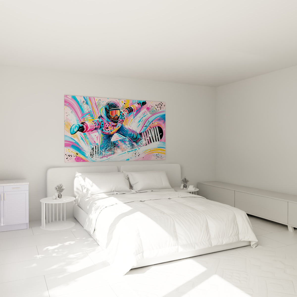 Rider casqué en pleine descente, tons roses et turquoise, tableau accroché au-dessus d'un lit dans une chambre claire