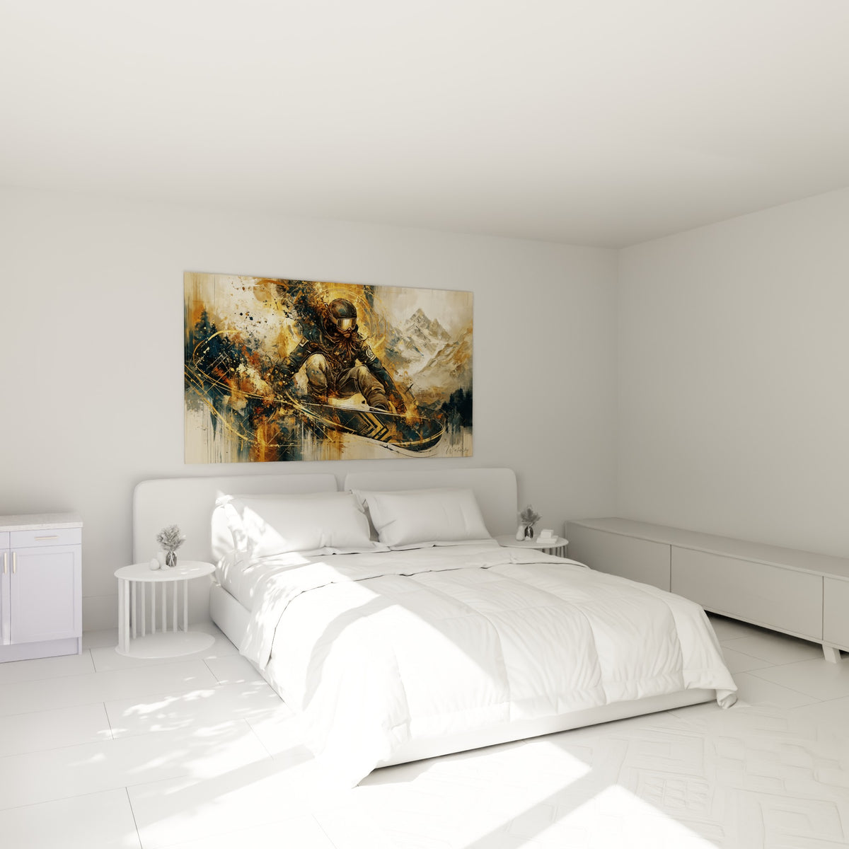 Rideur incliné sur sa planche dorée et bleu marine, au-dessus d'un lit dans une chambre claire
