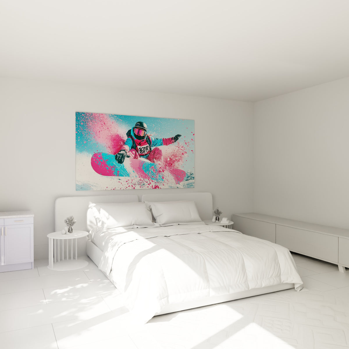 Rideur bondissant en tenue rose et bleu turquoise, au-dessus d'un lit dans une chambre claire