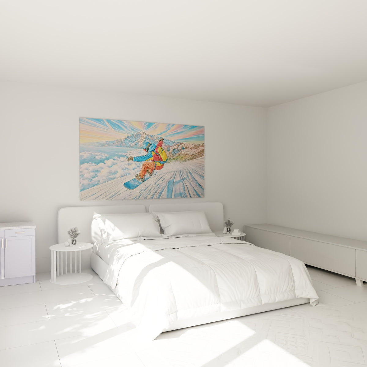 Rideur en combinaison orange et bleu sur planche de snowboard, au-dessus d'un lit dans une chambre claire