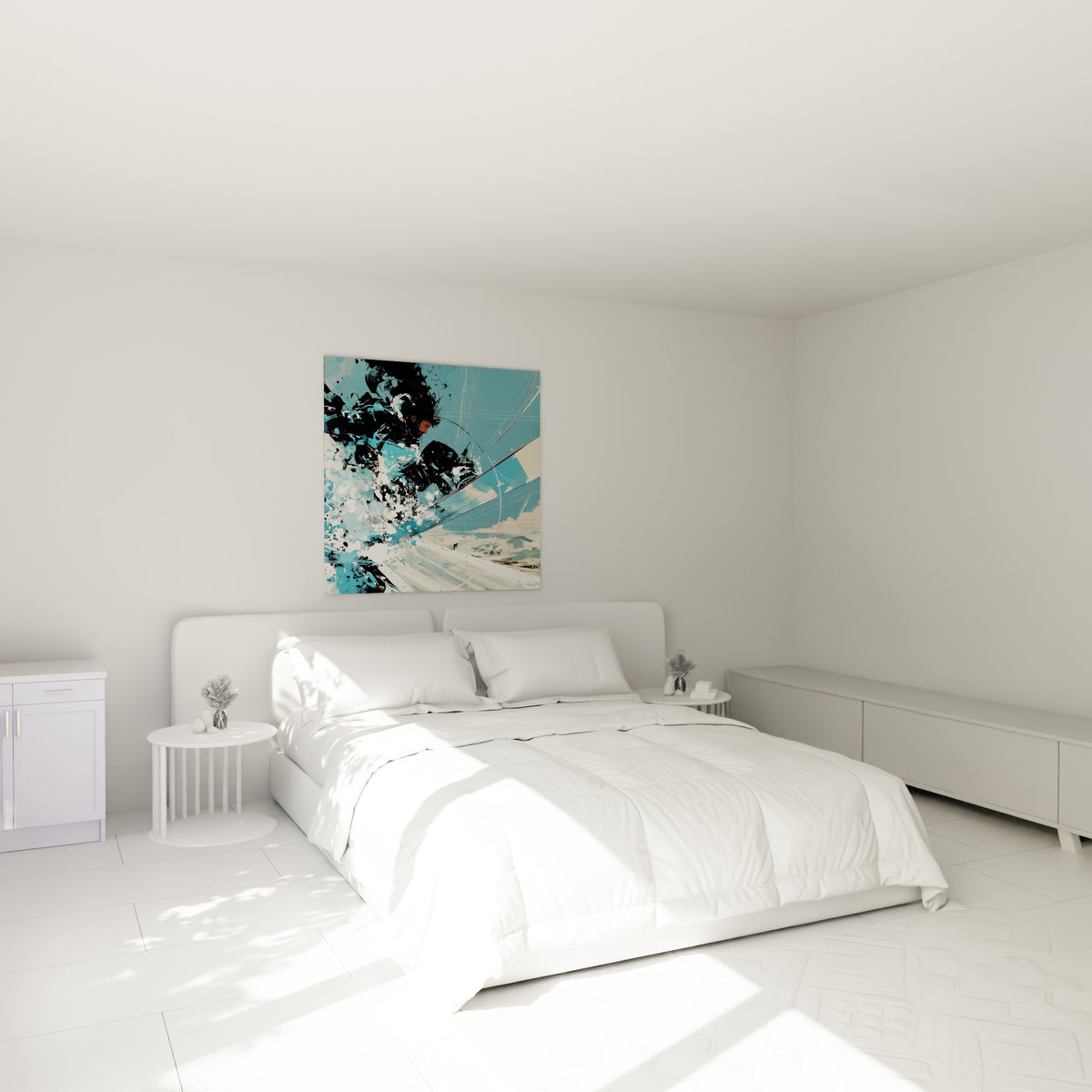 Rideur anthracite projetant de la neige bleu glacier, tableau accroché au-dessus d'un lit dans une chambre claire