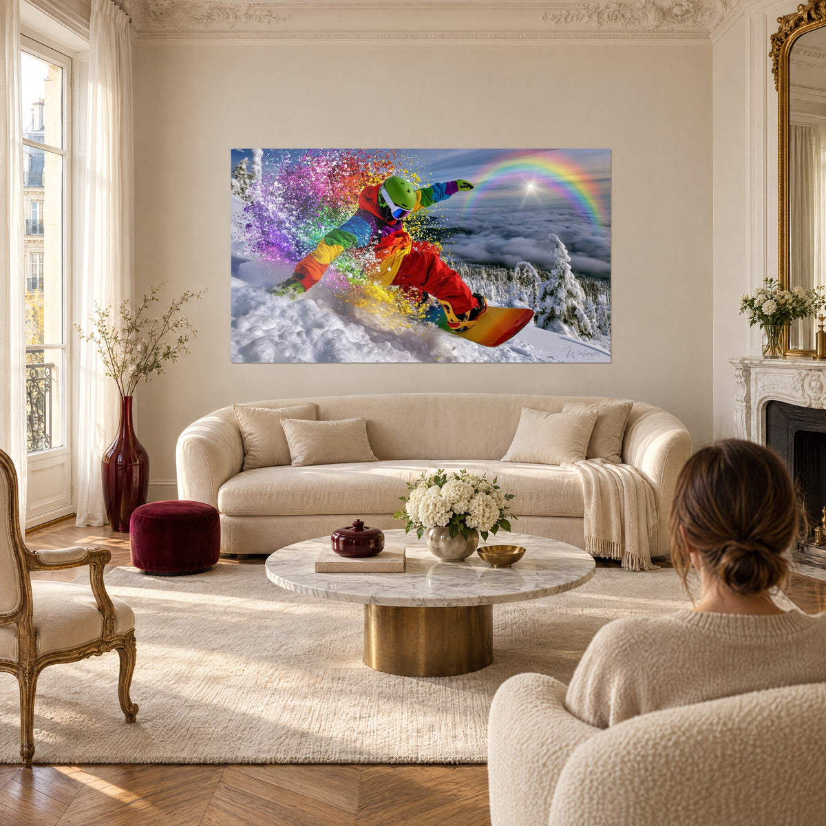 Rideur multicolore en tenue rouge et orange sculptant la neige, au-dessus d'un lit dans une chambre claire