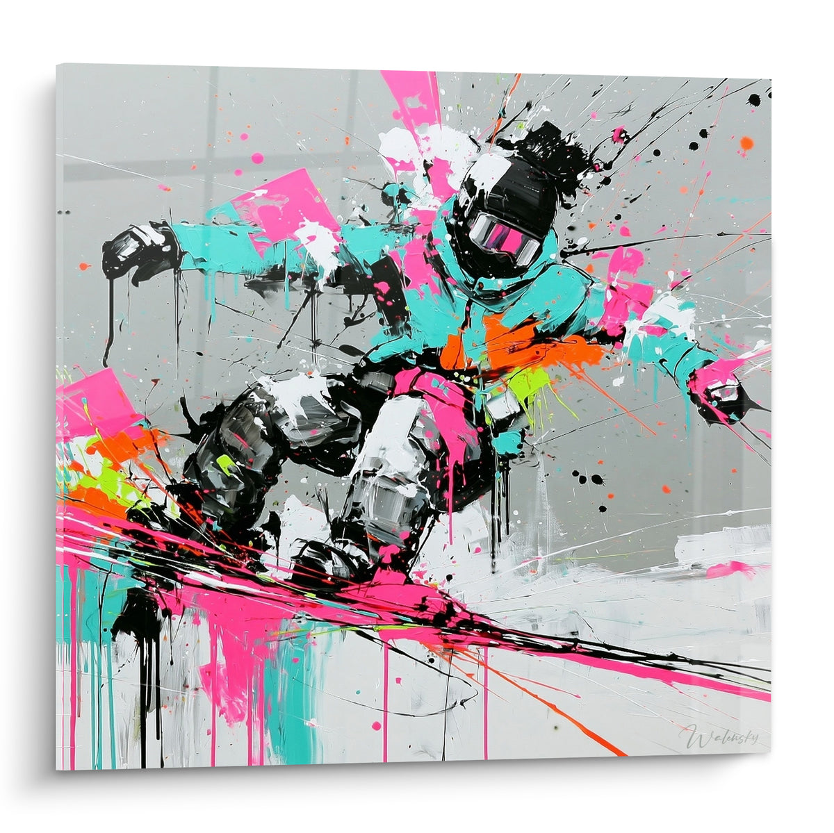 Snowboardeur penché aux éclaboussures roses et turquoise sur fond gris, style expressionniste vif