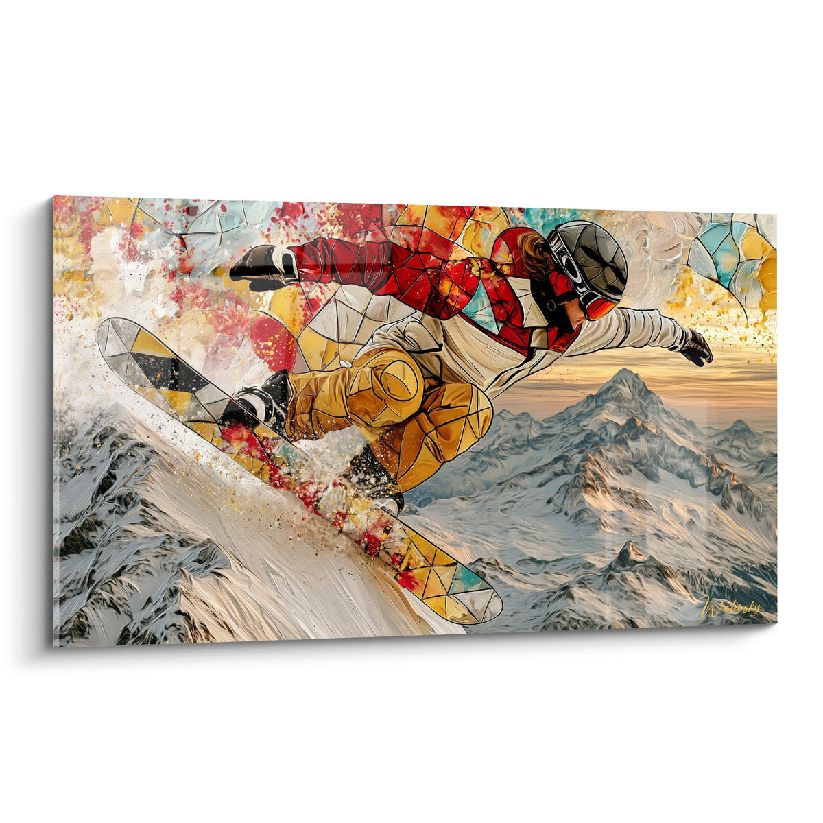 Snowboardeur en rouge et ocre dévalant une pente, planche fragmentée, montagnes bleu glacier en fond