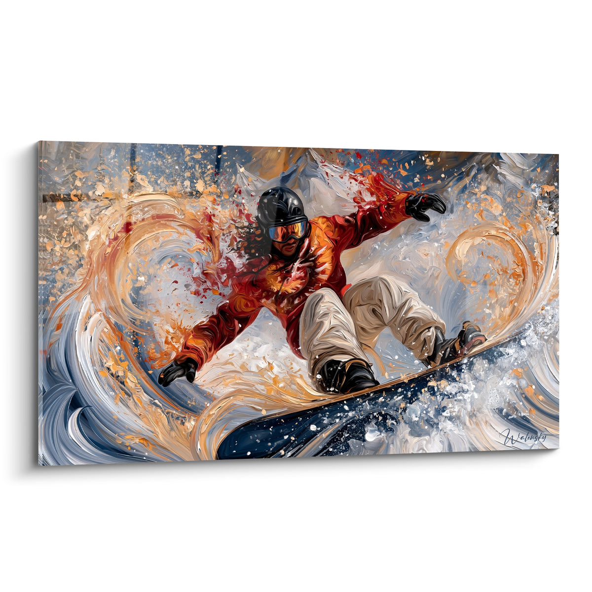 Snowboardeur en combinaison rouge et orangée, penché sur planche bleu marine dans tourbillon de neige blanche
