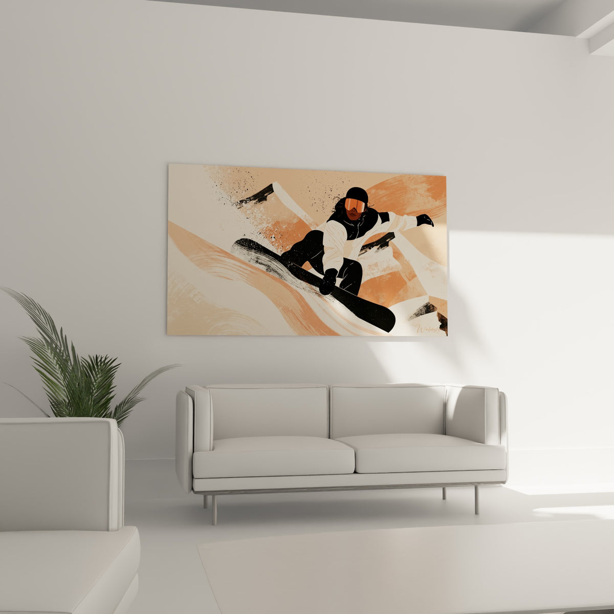 Sportif en plein virage sur planche noire, tons ocre et crème, au-dessus d'un canapé dans un salon lumineux