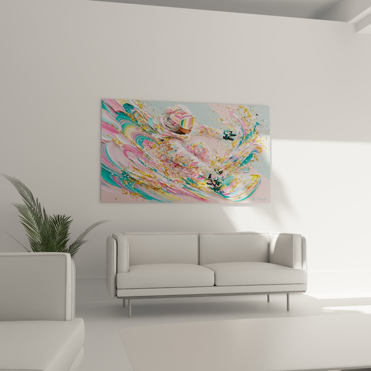 Silhouette de snowboardeuse dorée et rose éclatante, disposée au-dessus d'un canapé dans un salon lumineux