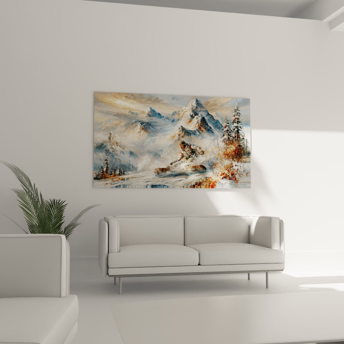Descente en poudreuse blanche et dorée avec sommets anthracite, disposée au-dessus d'un canapé dans un salon lumineux