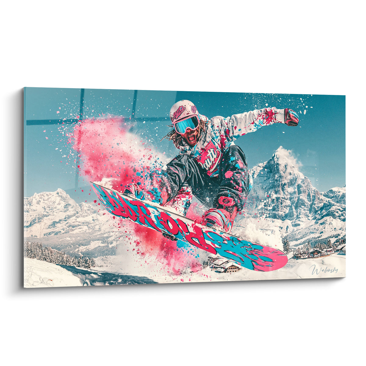 Snowboardeur en plein saut, combinaison rose et noire, nuage de poudre turquoise devant les montagnes