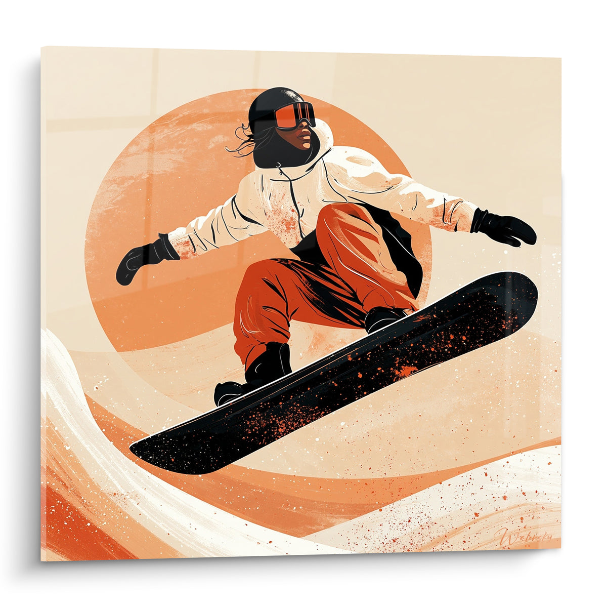 Snowboardeur suspendu en plein saut, combinaison ivoire et pantalon terracotta, planche noire éclaboussée