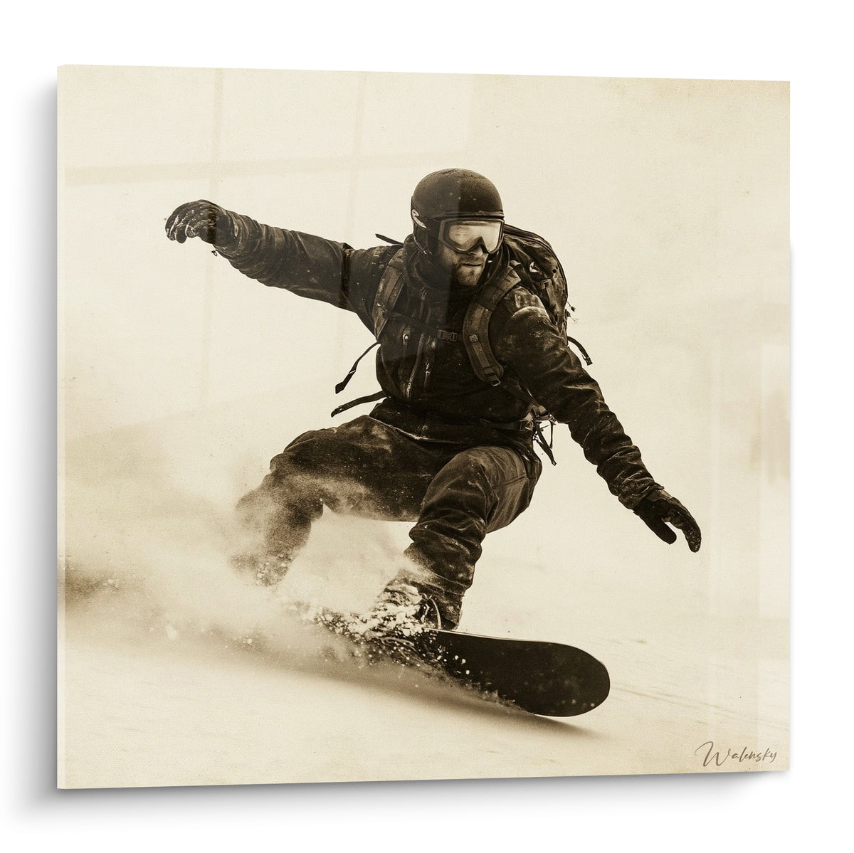 Snowboardeur en noir plongé dans un virage sépia, neige blanche projetée sous sa planche