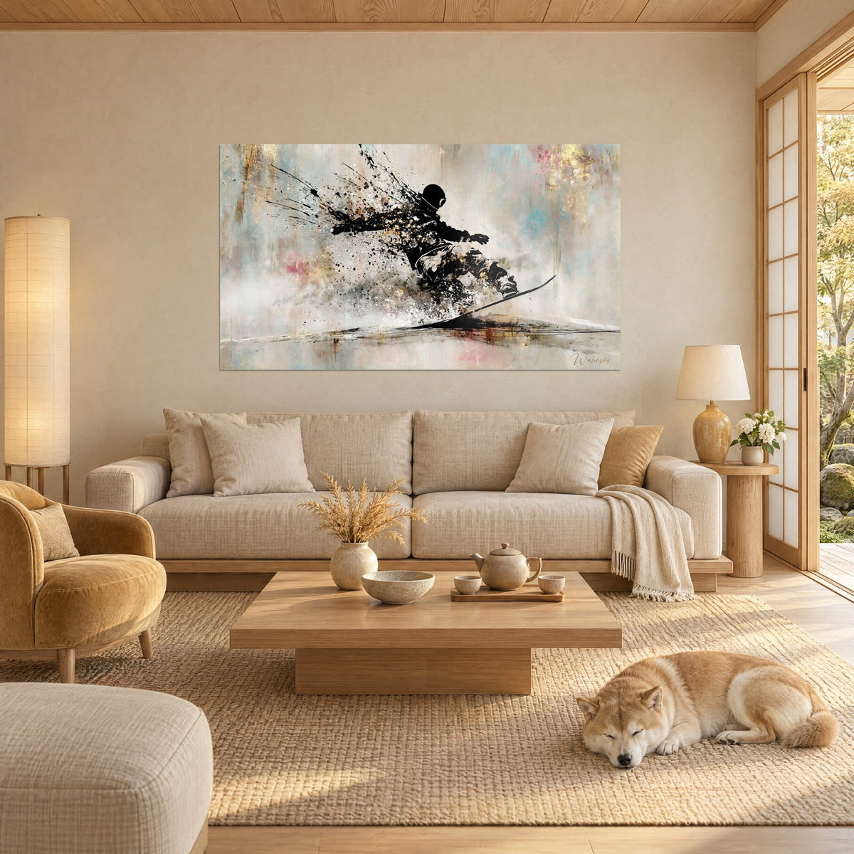 Tableau silhouette noire de snowboardeur lancée en virage, éclats dorés et gris perle, au-dessus d'un canapé dans un salon lumineux