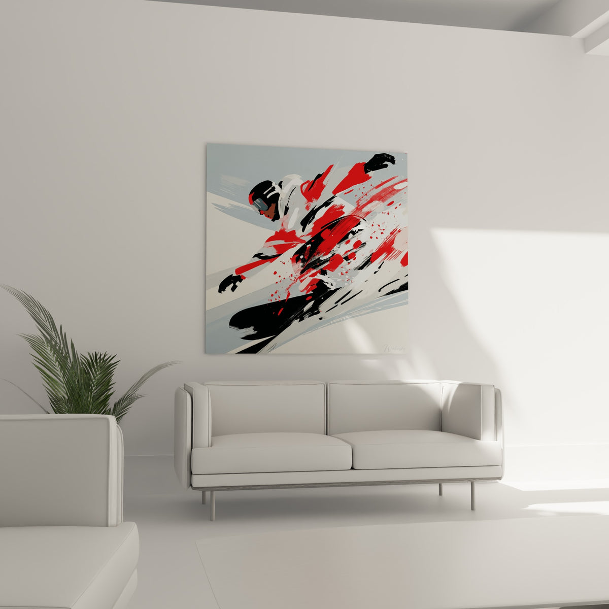 Silhouette du snowboardeur aux touches noires et rouges éclaboussées, au-dessus d'un canapé dans un salon lumineux