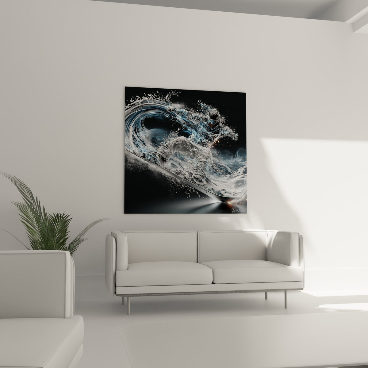 Silhouette fluide bleu marine et gris métallique du snowboardeur au-dessus d'un canapé dans un salon lumineux
