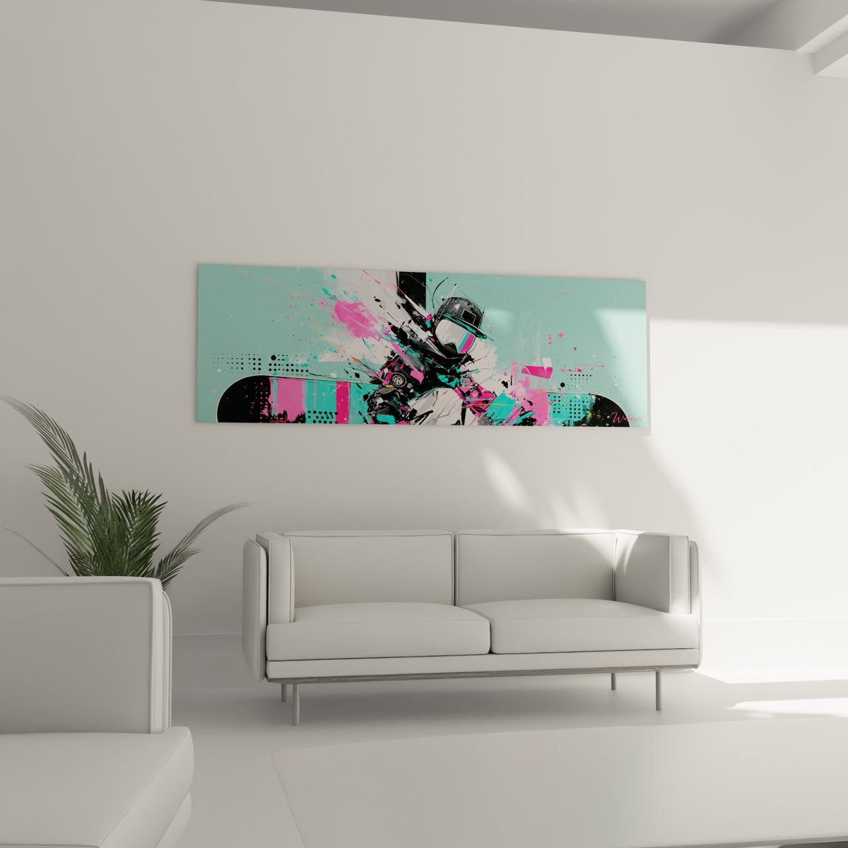 Silhouette de rideur en tableau snowboard noir et rose au-dessus d'un canapé dans un salon lumineux