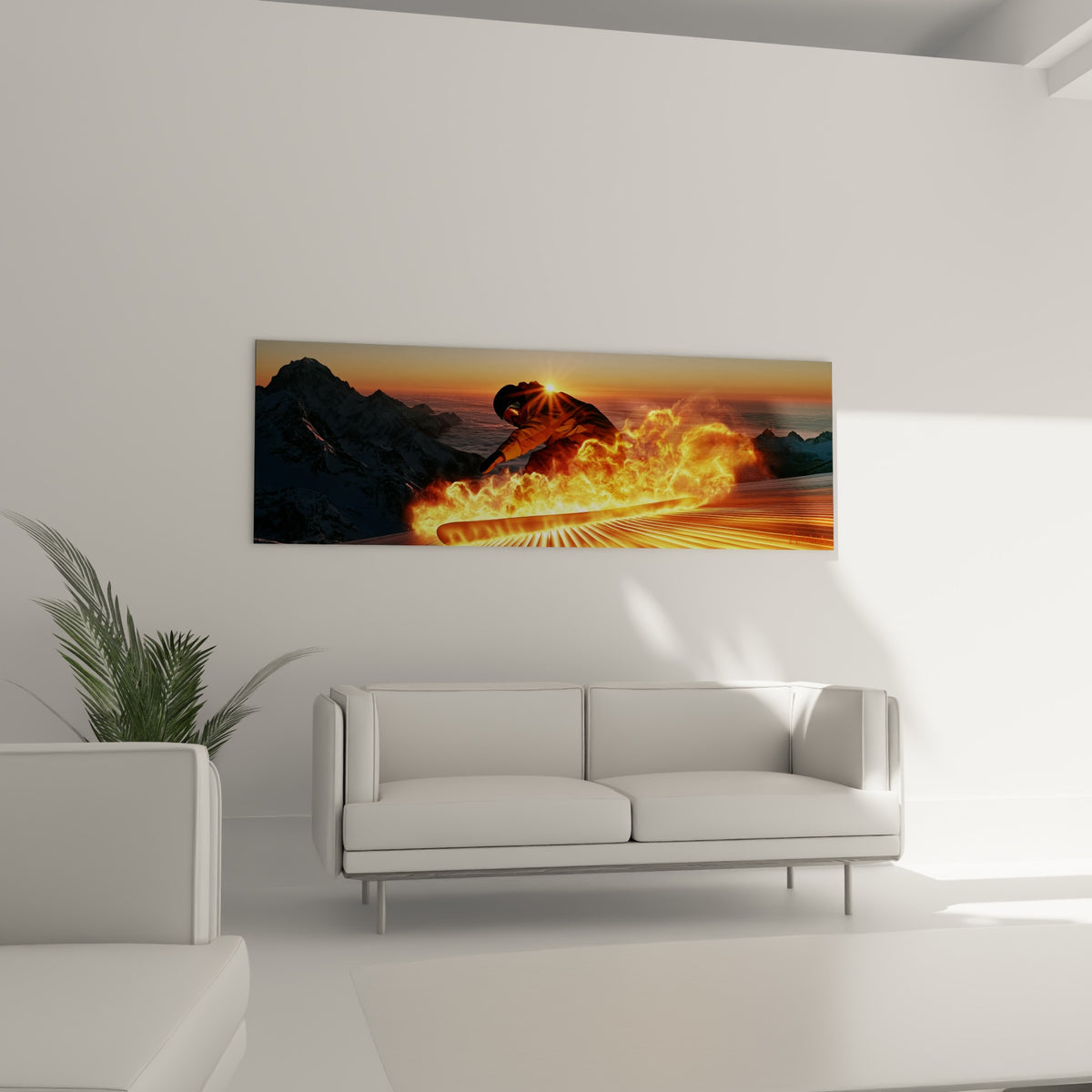 Silhouette du surfeur des neiges dans un halo doré et orangé, au-dessus d'un canapé dans un salon lumineux