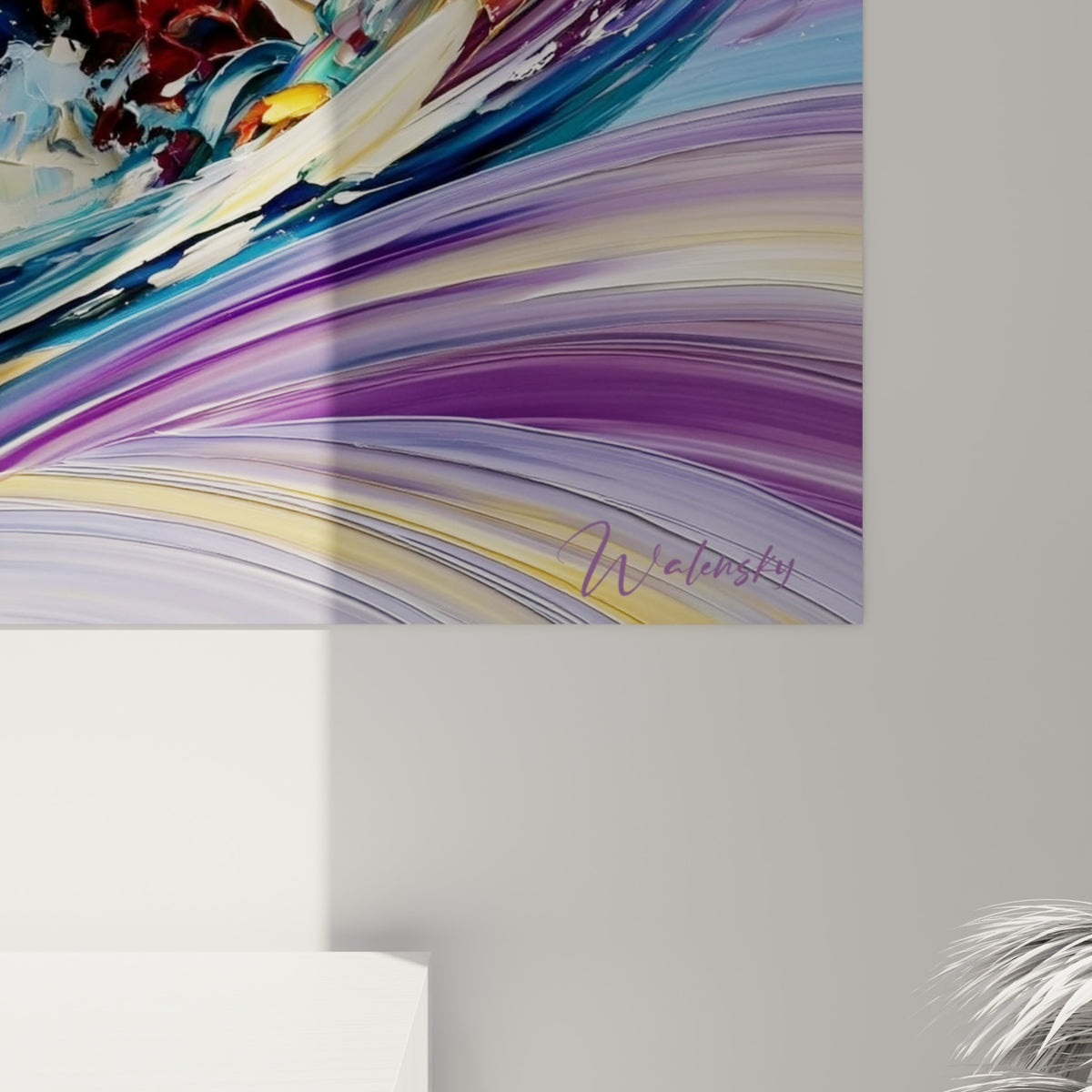 Empâtements colorés en violet, or et blanc révélant la texture épaisse de la peinture au couteau