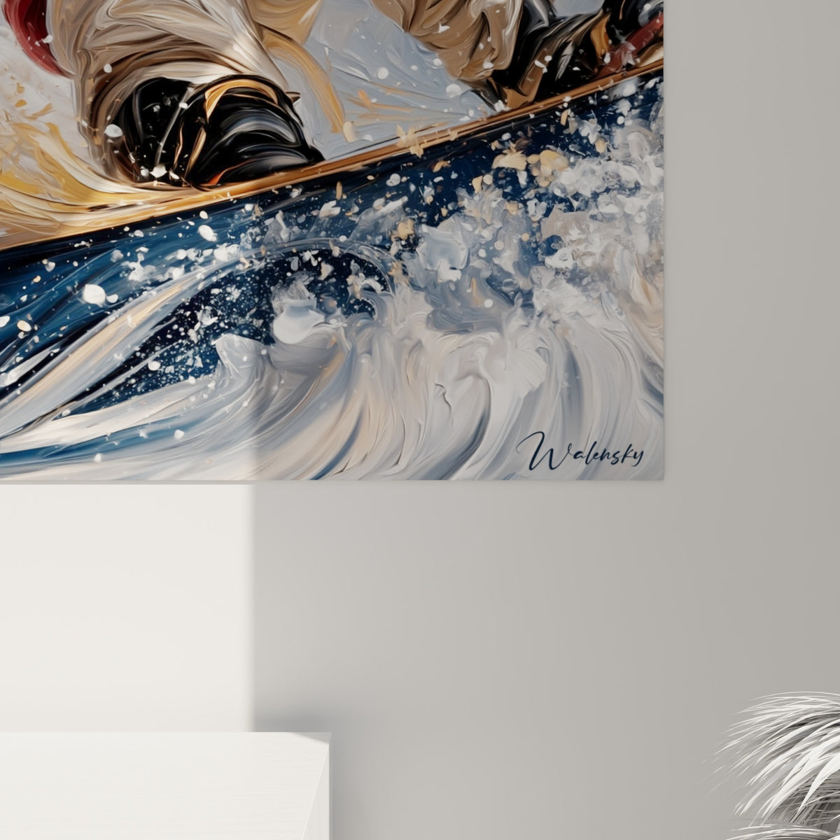Empâtements orange et blanc, coulures de peinture figurant la neige projetée sous le geste du rider